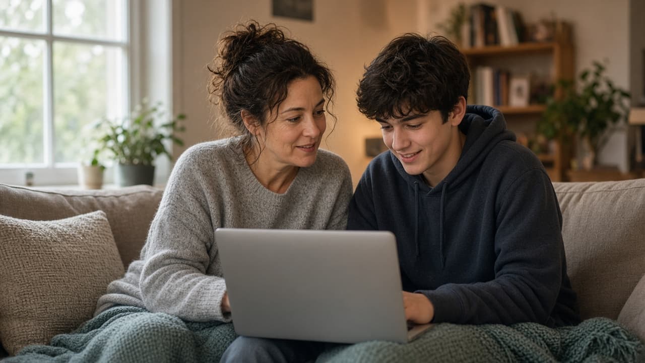 A parent and teenager looking at a laptop together on the couch