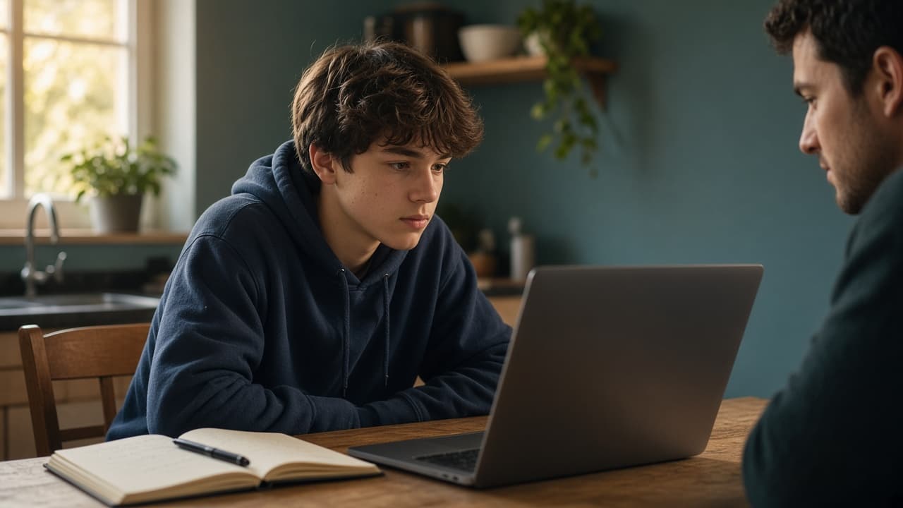 A teenager and a young coach sitting at a kitchen table with a laptop