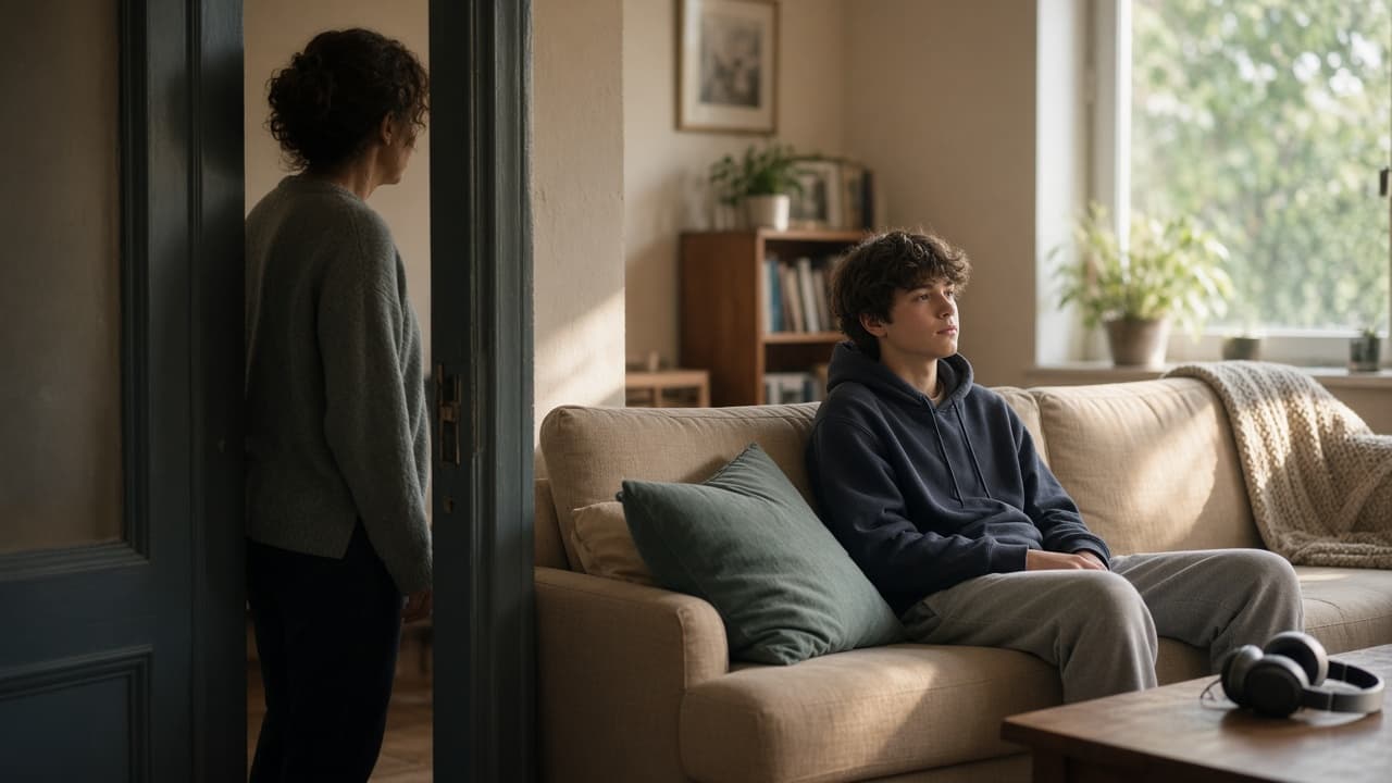 A parent standing in a doorway while a teenager sits on the couch