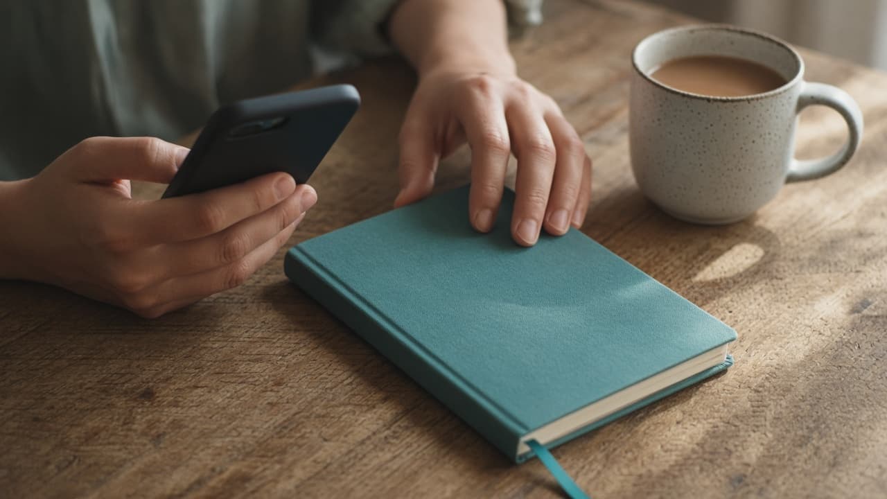 Hands holding a phone beside a teal notebook and a mug on a wooden table