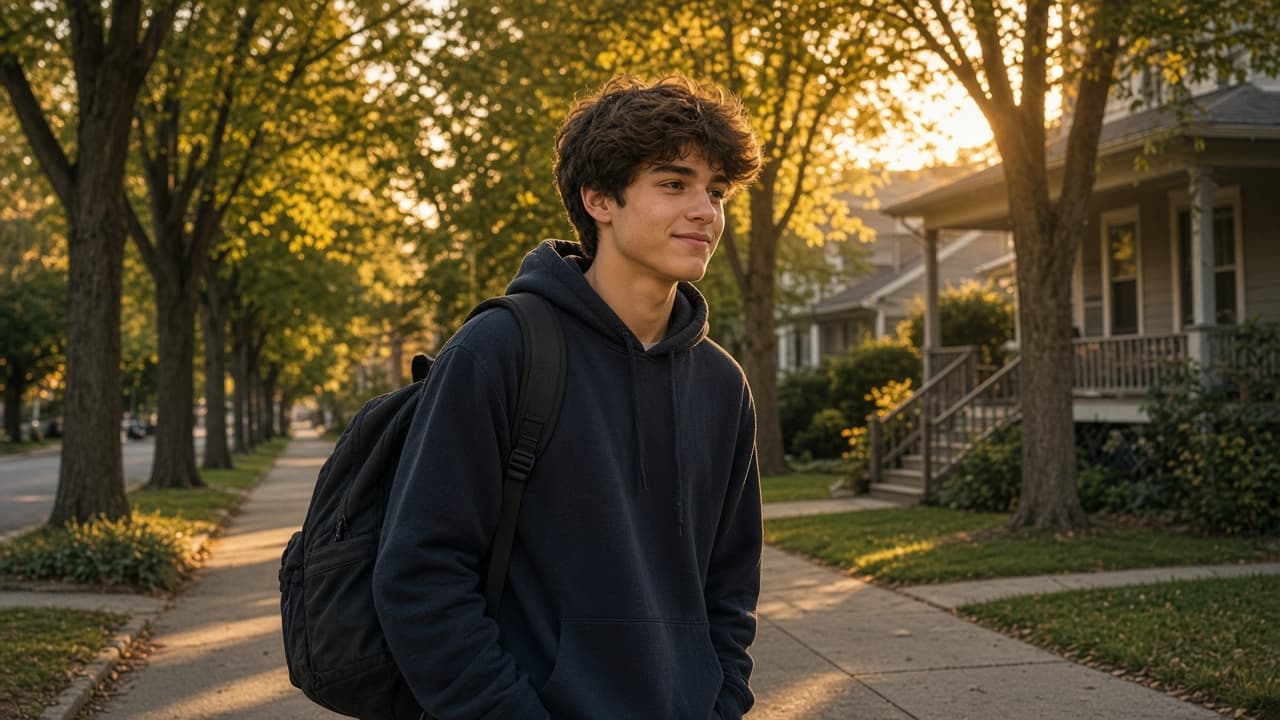 A teenager with a backpack walking a tree-lined sidewalk in late-day light